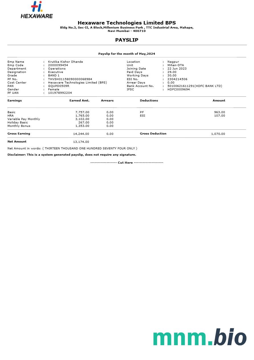 Szablon odcinka wypłaty Hexaware Technologies w formatach Word i PDF